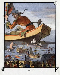 Lemuel Gulliver pożegnał się z Lilliputianami. Ilustracja do „Podróży Guliwera” Jonathana Swifta (1667-1745)