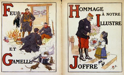 Ogień i menażka oraz hołd dla marszałka Joffre, ilustracja z „Alfabet de la Guerre