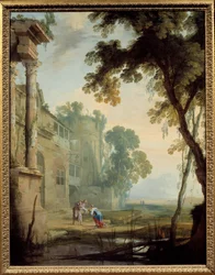 Krajobraz składa się z: kobiety, starca i dziecka w krajobrazie rzymskich ruin ze stawem. Obraz Henri Mauperche (1602-1688)
