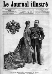Cesarz Rosji Aleksander III (1845-1894) i Impress Dagmar z Danii (1847-1928) - Strona tytułowa „The Illustrous Diary” z 1883 r. - Rysunek Henri Meyera (1844-1899)