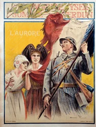Świt: plakat propagandowy z okresu I wojny światowej z dwiema kobietami przedstawiającymi Alzację i Lotaryngię (Alzacja-Lotaryngia)