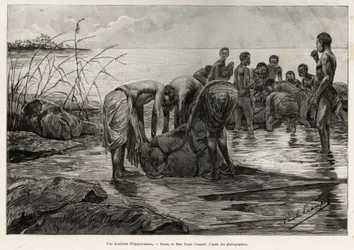 Hipopotamowy sklep mięsny nad brzegiem rzeki w Afryce Środkowej. Grawer Henri Thiriata ilustrujący historię „La mission Crampel” Alberta Nebouta (1862-1939), w 1890, w Le tour du Monde 1892, reżyseria: Edouard Charton (1807-1891), Hachette, Pa