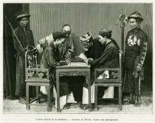 Chińskie listy z francuskiej rezydencji w Hanoi. Grawerowanie autorstwa Thiriata, po fotografii, ilustrujące historię Trente mois au Tonkin w 1884 r. autorstwa doktora Hocquarda, in le tour du monde 1889, reżyseria: Edouard Charton (1807-1890), Hachette, P