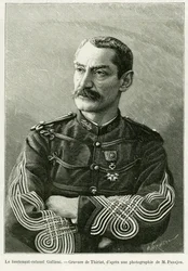 Podpułkownik Joseph Gallieni (1849-1916). Grawerowanie autorstwa Thiriata, ilustrujące historię Dwie kampanie we francuskim Sudanie