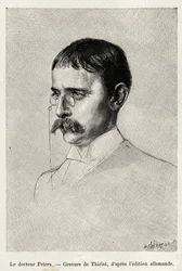 Portret dr Carla Petersa (1856-1918) niemieckiego badacza. Grawerowanie autorstwa Thiriata ilustrujące historię „Au secours d