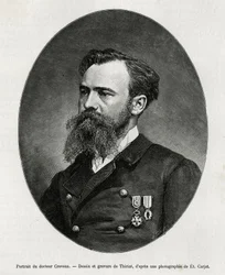 Portret dr. Julesa Nicolasa Crevaux (1847-1882), lekarza i badacza Ameryki Południowej (od Gujany Francuskiej po Argentynę), bardzo interesował się badaniem obyczajów i historią społeczności, które spotkał podczas swoich podróży, redygował liczne książki