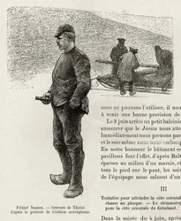 Portret Fridtjofa Nansena (1861-1930) norweskiego polarnika. Grawer Thiriata, ilustrujący opowiadanie „La premiere traversee du Greenland” Fridtjofa Nansena (1861-1930), w 1888 r. w Le tour du monde, nouveau journal des voyages, pod redakcją Edo