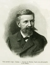 Portret autora: Charles Grad (1842-1890), niemiecki polityk, pisarz i przyrodnik. Grawerowanie autorstwa Thiriata, ilustrujące opowiadanie „Przez Alzację i Lotaryngię”, w 1887 r., autorstwa Charlesa Grada, niemieckiego zastępcy, w tour du monde 1888, w reż