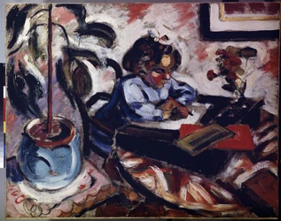 "La petite ecoliere" (Mała uczennica) Mała dziewczynka odrabia pracę domową. Obraz Henri Victor Gabriel Le Fauconnier (1881-1946) 1907 Wymiary 73x92 cm Ermitaż, Sankt Petersburg (Sankt-Petersburg)