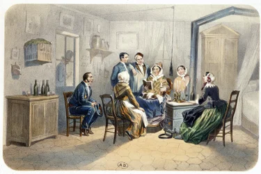 Czuwanie: „” Czytanie przy drzwiach”” de Montaut (domek konsjerża), b.d. 19 wiek