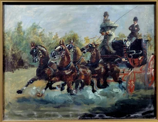 Alphonse z Toulouse Lautrec prowadzi swojego trenera poczty elektronicznej. Wagon pocztowy to sedan z czterema końmi, z kilkoma rzędami siedzeń na dachu). Obraz Henri de Toulouse Lautrec