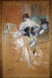 Conquete w drodze, kobieta w gorsecie Prostytutka ubiera się przed swoim klientem w burdelu. Pastel i rysunek Henri de Toulouse Lautrec (Toulouse-Lautrec