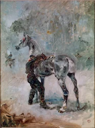 Strzelec siodłający konia. Obraz Henri de Toulouse-Lautreca (1864-1901)