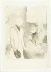 Portret van aktorki Marthe Brandès jako aktor Charles le Bargy w toneelstuk Les Cabotins Brandès i Bargy w Cabotins