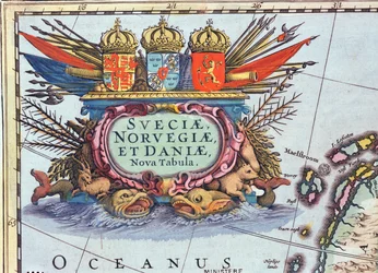 Kartusz z mapy Szwecji, Norwegii i Danii, 1631 (kolorowy grawerunek)