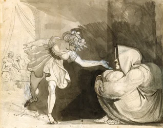 Galinthias przechytrza Eileithyię, ogłaszając narodziny Heraklesa (wersja: Portret pani Fuseli) (grafit, atrament i rozmycia atramentu wzmocnione bielą na białym papierze)