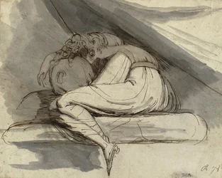 Siedząca kobieta, zwinięta w kłębek, po 1778 r. (ołówek, długopis, brązowy tusz i szare pranie)