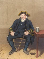 Portret emeryta z Greenwich, siedzącego z glinianą fajką i kuflem (akwatinta)