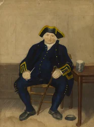 Portret emeryta z Greenwich, siedzącego z glinianą fajką i kuflem (akwatinta)
