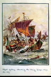 Galery Alfreda atakujące wikińskie smocze okręty, 897 n.e., ilustracja z książki „Hutchison