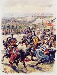 Szarża kawalerii francuskiej, ilustracja do „Glorious Battles of English History” majora CH. Wylly, lata 20.