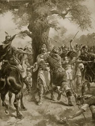 Święty Edmund zabity przez Duńczyków, 870 n.e., ilustracja z „Dziejów narodu brytyjskiego Hutchinsona”, ok. 1920