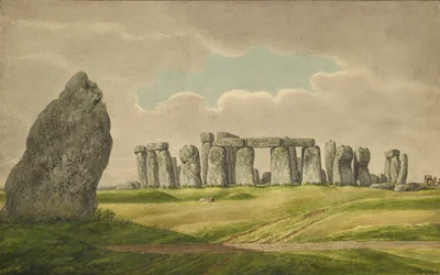 Stonehenge z pn.-ws., ukazujące ruiny i kamień pięty z wozem, koniem, osobą, 1824-1839