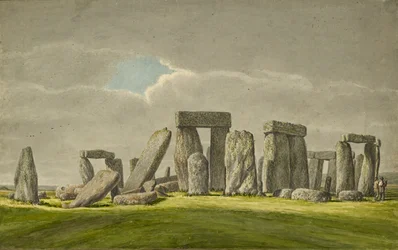Stonehenge z SE, ukazujące kamienie w stanie ruiny z 2 zwiedzającymi, 1824-1839