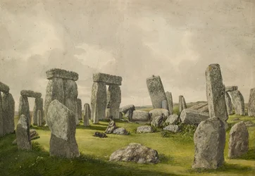 Wnętrze Stonehenge w obecnym stanie, ukazujące wnętrze kamieni, człowieka i psa, 1824-1839