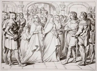 Alftruda rozpoznaje Hereward, ilustracja z Hereward the Great Charlesa Kingsleya, wyd. 1870, grawerowane przez C.G. Lewis (grawerowanie blachy stalowej)