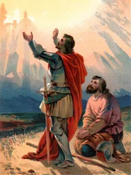 „Christian, tytułowy pielgrzym, klęka ze zdumienia, gdy on i jego towarzysz docierają w pobliże Świętego Miasta”