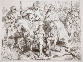 Hereward pilnuje Alftrudy w bezpieczne miejsce, ilustracja z Hereward the Great autorstwa Charlesa Kingsleya, wyd. 1870, grawerowane przez C.G. Lewis (grawerowanie blachy stalowej)