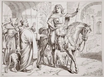 Hereward informuje swojego wuja przeora, że wkrótce zostanie wyjęty spod prawa, ilustracja z Hereward the Great Charlesa Kingsleya, wyd. 1870, grawerowane przez C.G. Lewis (grawerowanie blachy stalowej)