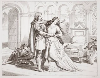 Pierwszy wywiad Herewarda z Torfridą, ilustracja z Hereward the Great Charlesa Kingsleya, wyd. 1870, grawerowane przez C.G. Lewis (grawerowanie blachy stalowej)