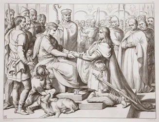 Jak Hereward wszedł do króla, ilustracja z Hereward the Great Charlesa Kingsleya, wyd. 1870, grawerowane przez C.G. Lewis (grawerowanie blachy stalowej)