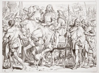 Jak Hereward wchodzi do konsekrowanej fortecy św. Bertyna, ilustracja z Hereward the Great Charlesa Kingsleya, wyd. 1870, grawerowane przez C.G. Lewis (grawerowanie blachy stalowej)