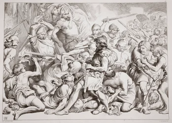Jak Hereward ratuje Alftrudę, ilustracja z Hereward the Great Charlesa Kingsleya, wyd. 1870, grawerowane przez C.G. Lewis (grawerowanie blachy stalowej)