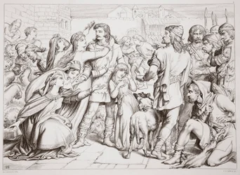 Jak Hereward zabił niedźwiedzia, ilustracja z Hereward the Great Charlesa Kingsleya, wyd. 1870, grawerowane przez C.G. Lewis (grawerowanie blachy stalowej)