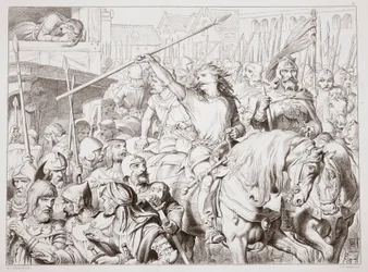Jak Hereward zmienił Berserkera, ilustracja z Hereward the Great Charlesa Kingsleya, wyd. 1870, grawerowane przez C.G. Lewis (grawerowanie blachy stalowej)