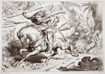 Jak Hereward został złapany w pułapkę, ilustracja z Hereward the Great Charlesa Kingsleya, wyd. 1870, grawerowane przez C.G. Lewis (grawerowanie blachy stalowej)