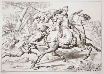 Jak Martin Lightfoot wyprzedza Hereward, ilustracja z Hereward the Great Charlesa Kingsleya, wyd. 1870, grawerowane przez C.G. Lewis (grawerowanie blachy stalowej)