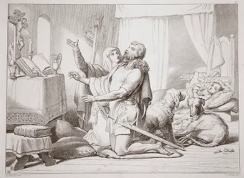 Jak Torfrida uczy Herewarda modlić się, ilustracja z Hereward the Great przez Charles Kingsley, pub. 1870, rytował C.G. Lewis (staloryt)