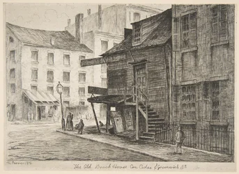 The Old Beach House, Corner of Cedar i Greenwich Streets ze scen Starego Nowego Jorku, 1874.