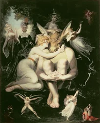 Tytania budzi się, otoczona przez usługujące wróżki, i w zachwycie tuli się do Spodka, który wciąż nosi oślą głowę, 1793-4