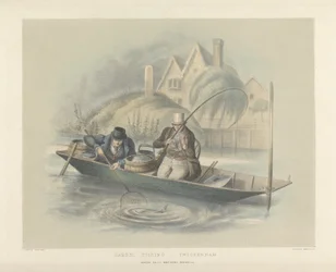 Barbel Fishing, Twickenham, z zestawu sześciu obrazów wędkarstwa (lito ręcznie kolorowane)