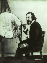 Portret Richarda Dadda pracującego nad Oberonem i Titanią w szpitalu Betlam, ok. 1875 r. (zdjęcie czarno-białe)