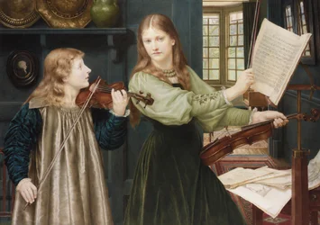 Obrazy prerafaelickie: Duet par Holiday, Henry (1839-1927). Akwarela na tekturze, 78x108. Prywatna kolekcja