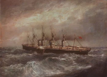 Parowiec "Great Eastern" (1858) kładący pierwszy udany kabel atlantycki