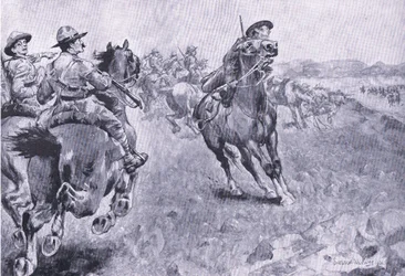 Wyścig o dowództwo Philips Town Road, z książki After Pretoria: The Guerilla War wydanej przez Harmsworth Bros Limited, 1901