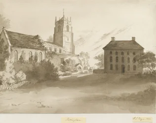 Pattingham Church and Vicarage House: rysunek w kolorze sepii, 1844